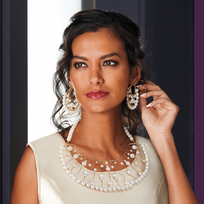 Wire Faux-Pearl Bib Necklace & Earring Set, , large