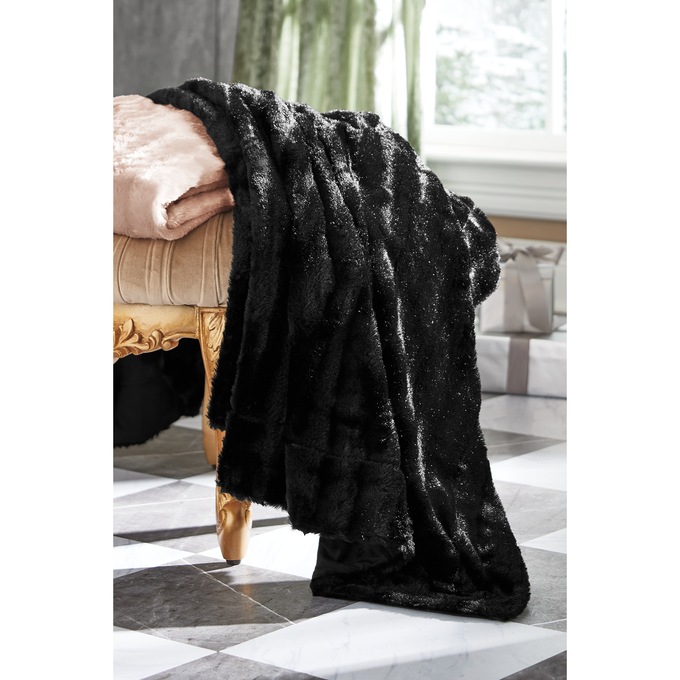 Long Faux-Fur Throw, Black, large