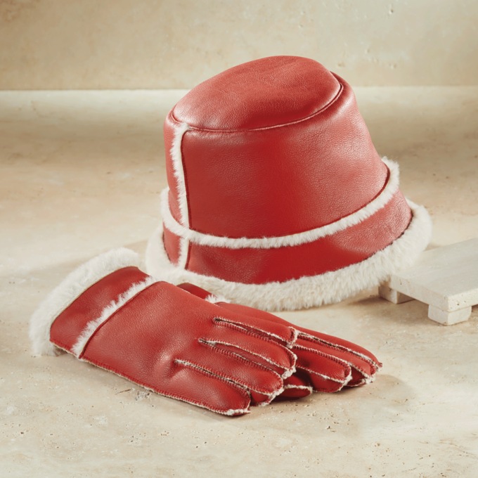 Faux Shearling Bucket Hat and Glove Set, Red, large