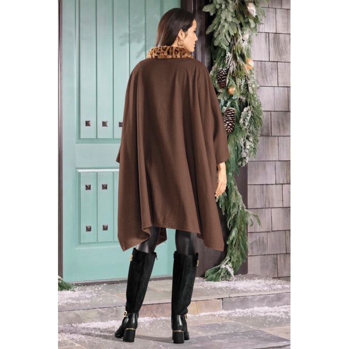 Warm Fleece Cape with Faux-Fur Collar and Pockets, Chocolate, large