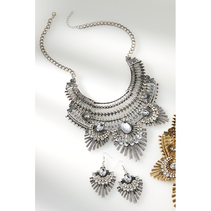 Crystal Vintage-Style Necklace & Earring Set, Silvertone, large