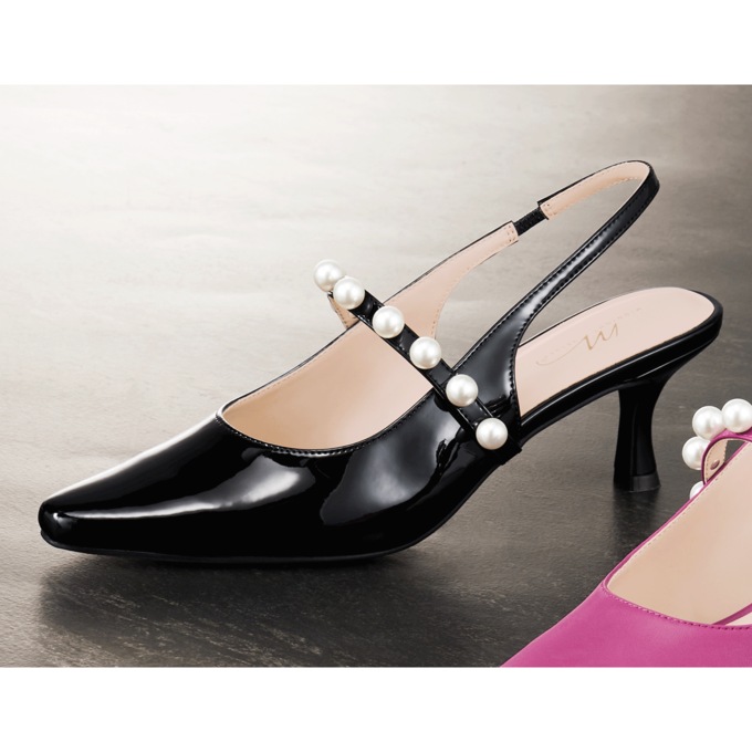 Faux-Pearl Strapped Slingback for Women with 2.5" Heel and Memory Foam, Black Patent, large