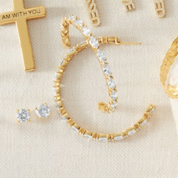 Cubic Zirconia Navette Hoops &amp; Round Post 2-Pair Earring Set, , large