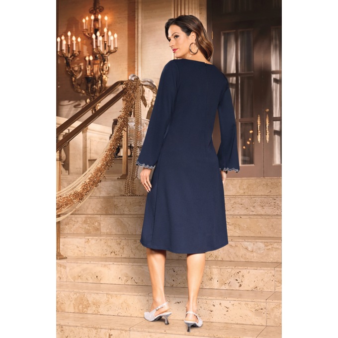 Bead-Embellished A-Line Dress with Scalloped Statement Sleeves, , large