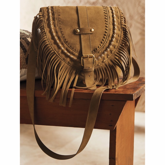 Faux-Suede Fringe Saddle Bag, , large