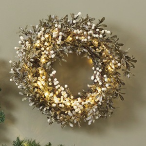Lit Frosted Berry Wreath, , large