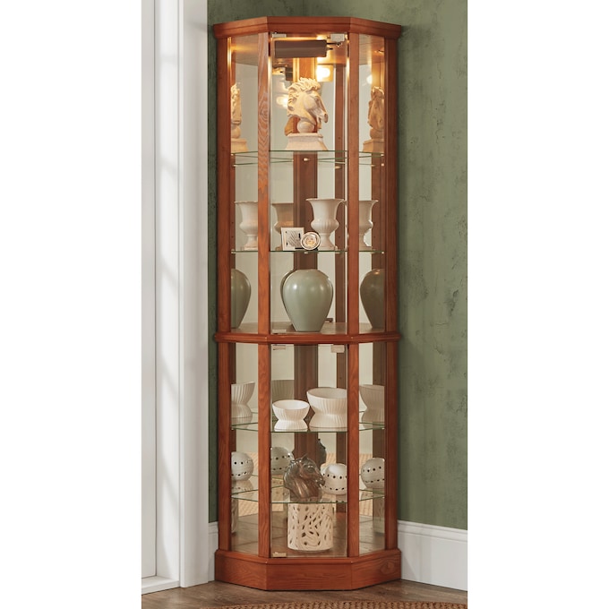 Tessa Lighted Display Corner Curio Cabinet with Glass Shelves and Mirrored Back, Oak, large