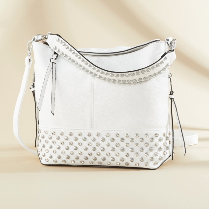 Studded Hobo Bag, White, large