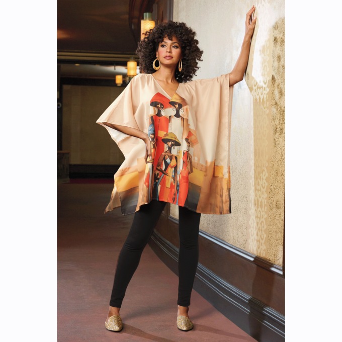 Rima Short V-Neck Caftan with Afrocentric Graphic for Women, , large