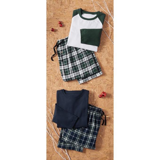 4-Piece Navy/Green PJ Set with Cotton Knit Tops and Plaid Flannel Pants, , large