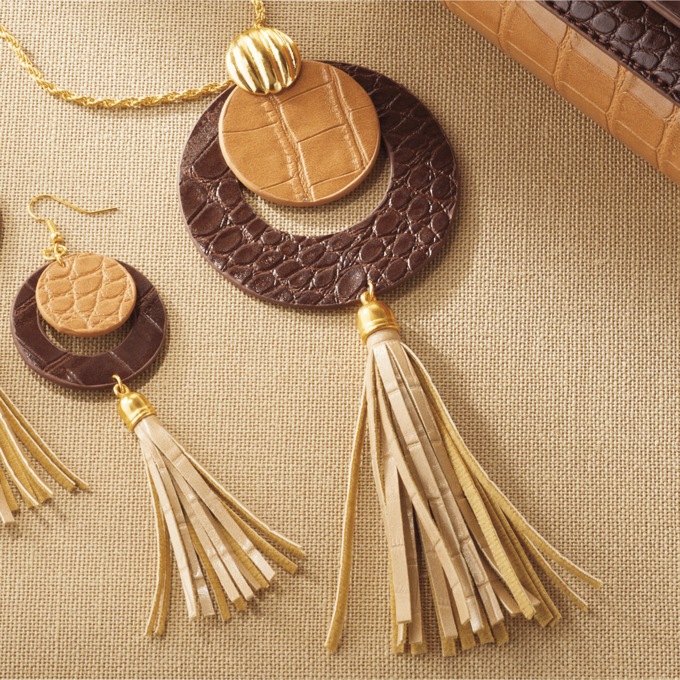Textured Pleather Tassel Necklace, , large