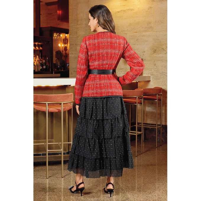 Patriece 2-Piece Mixed-Texture Skirt Suit with Mesh and Faux-Leather Details, , large