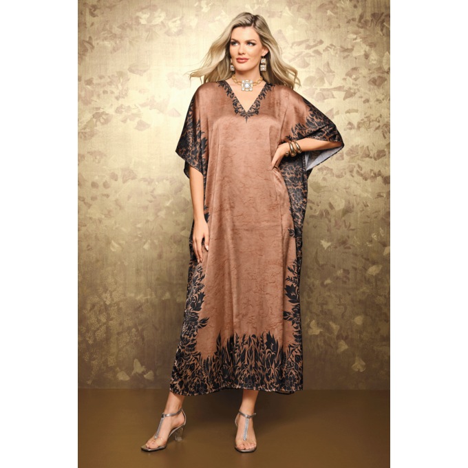 Mi Amor Long V-Neck Caftan with Floral Border, , large