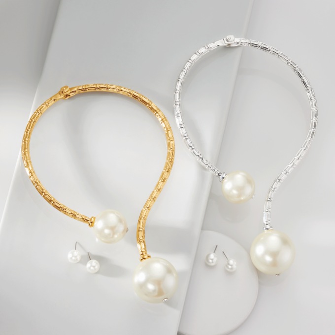 Double Faux-Pearl Drop Collar & Earring Set, , large