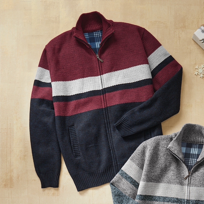 Full-Zip Fleece-Lined Sweater, , large