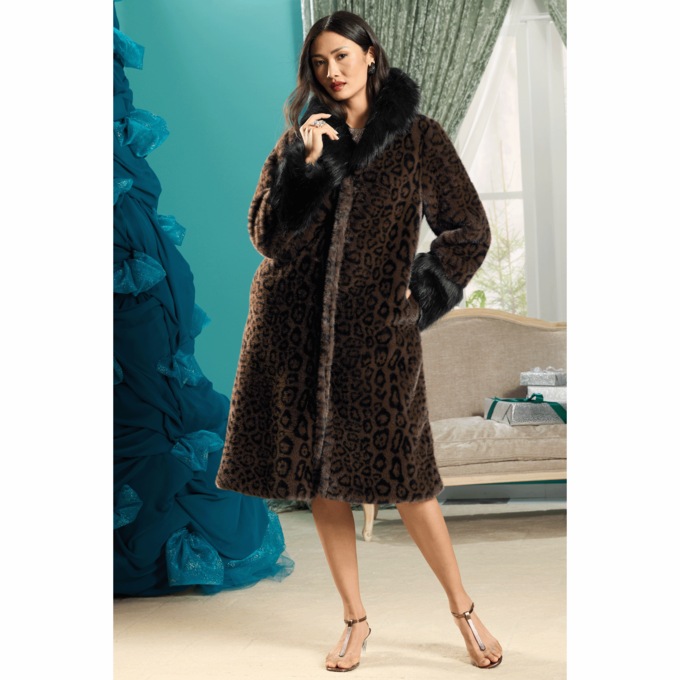 Carlotta Long Faux-Fur Coat, Brown Cheetah, large