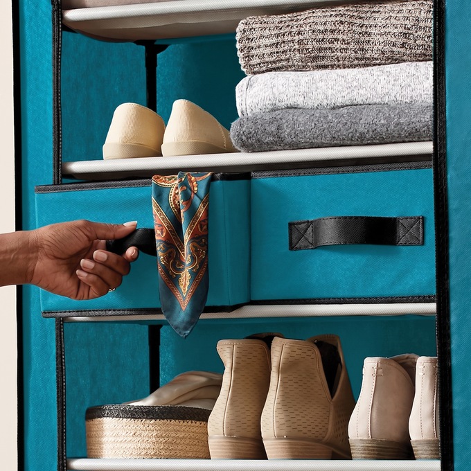 Tall 10-Layer Fabric Shoe Storage Organizer, Teal, large