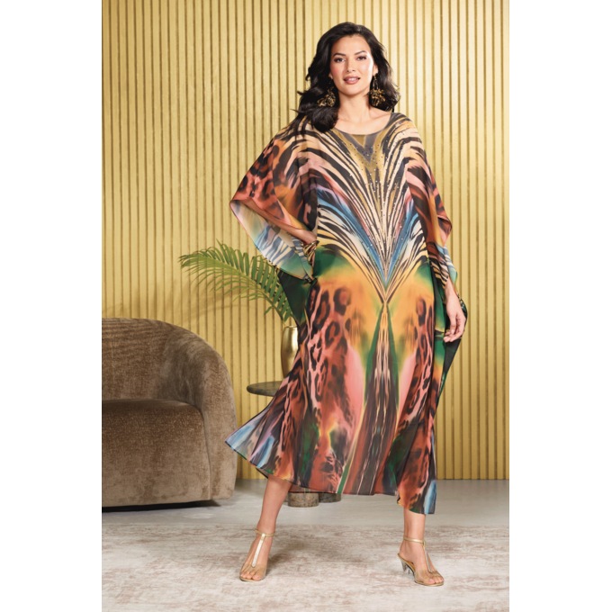 Luna Sheer Embellished Long Caftan with Boat Neckline, Multi, large