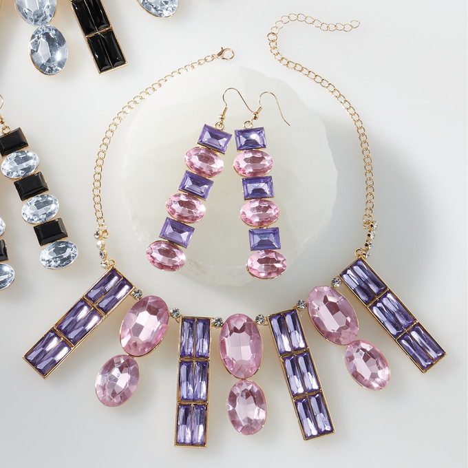 Crystal Oval-Bar Necklace & Earring Set, Purple Pink, large