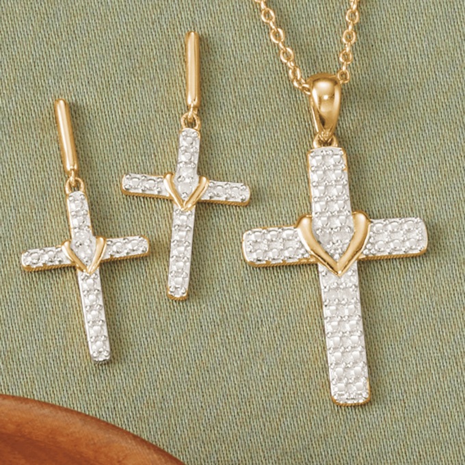 Diamond Cross Heart Necklace and Earring Set, , large