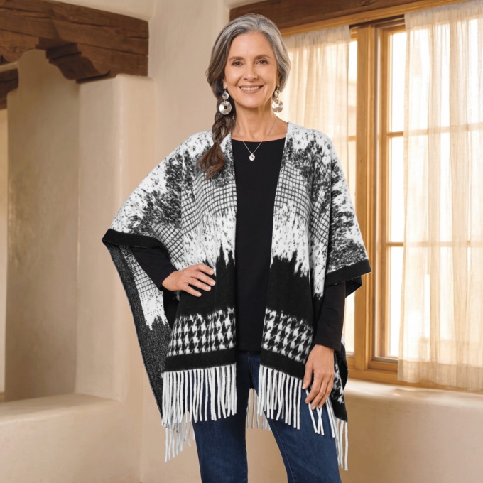 Jacquard Fringe Wrap, Black White, large
