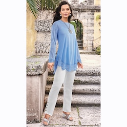 Shania Long-Sleeve Tunic with Scalloped Crochet Edges, , large