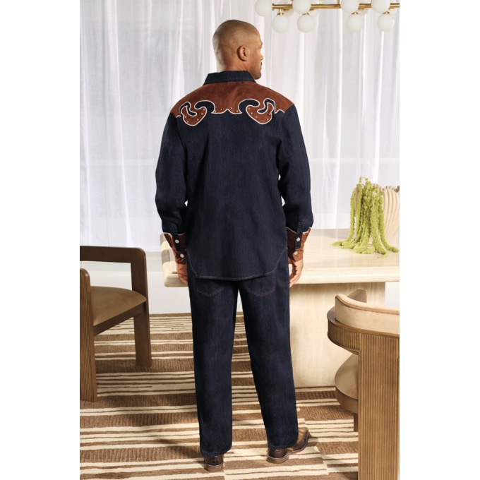 Rodney Men&rsquo;s Western Denim Shirt & Pant Set with Studded Faux-Suede Appliqu&eacute;s, , large