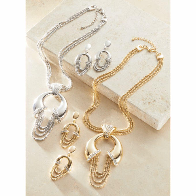 Double-Horn Crystal Chain Necklace & Earring Set, , large