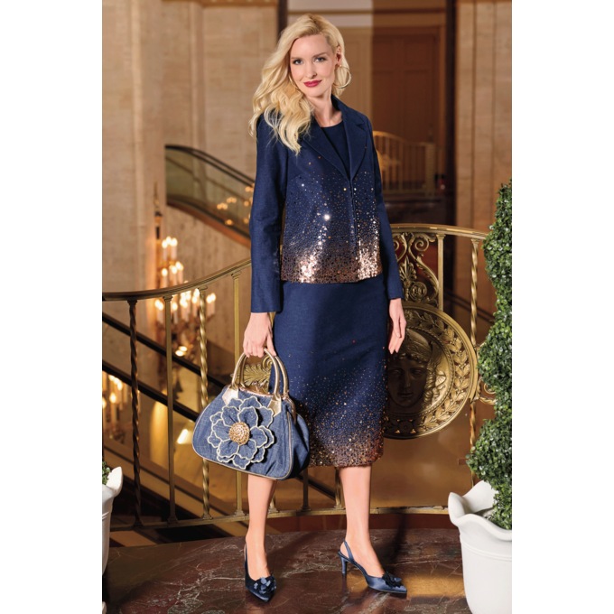 Ombr&eacute; Sequin Stretch-Denim 2-Piece Midi Jacket Dress, , large