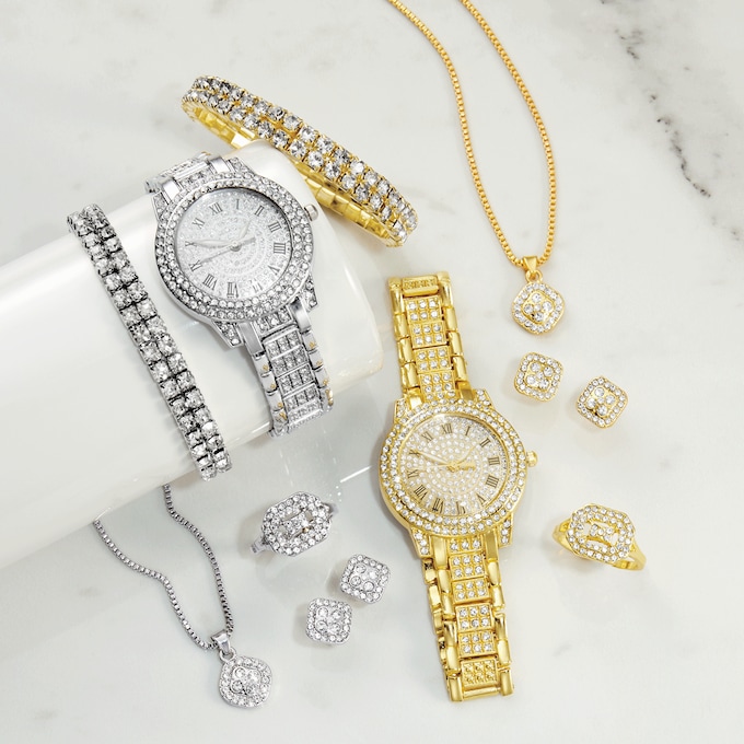 Crystal 5-Piece Round Watch & Jewelry Set, , large