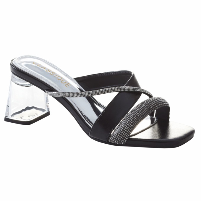 Classique Glitter Rope Slide Sandal with Mini Rhinestones and Chunky 2.5" Heel, Black, large