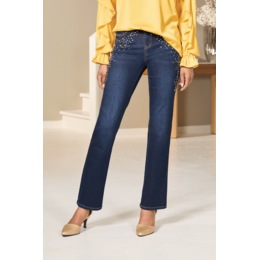 Sophia Women&rsquo;s Slim Jean in Stretch Denim with Rhinestones and Studs, , large