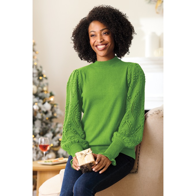 Nora Ribbed Women's Sweater with Pointelle Balloon Sleeves and Mockneck, , large