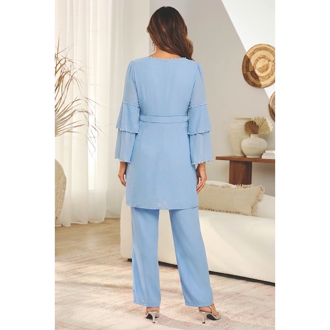 Pia Faux-Pearl Trimmed Georgette Pant Set for Women with Statement Sleeves, , large