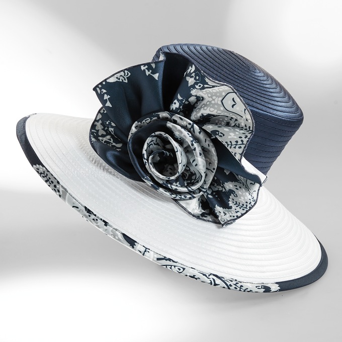 Herena Wide-Brim Navy & White Ribbon Hat with Rosette – Elegant Women’s Derby or Church Hat with Adjustable Fit, , large