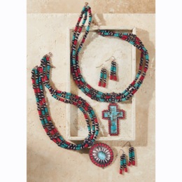 Southwest Faux-Turquoise Pendant Necklace &amp; Earring Set, , large