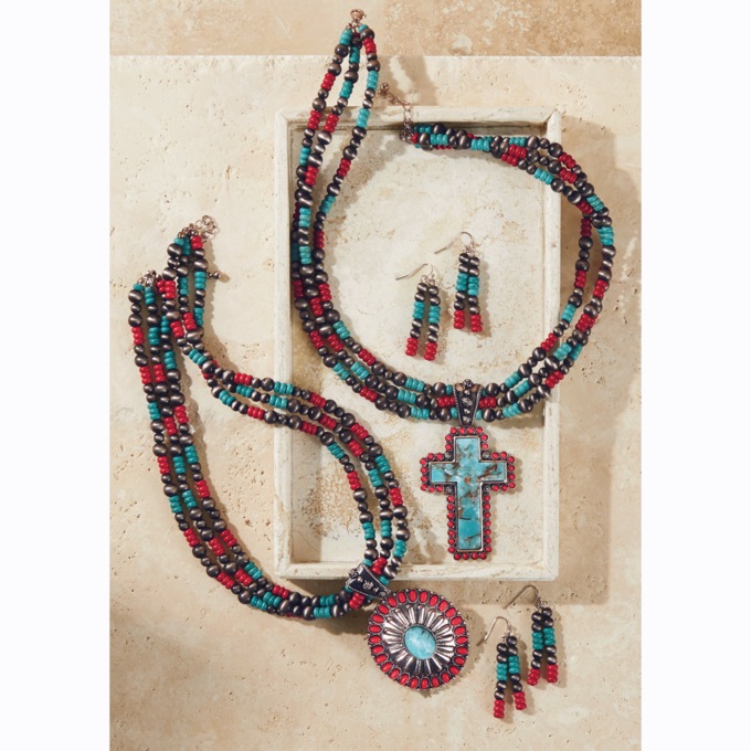 Southwest Faux-Turquoise Pendant Necklace & Earring Set, , large