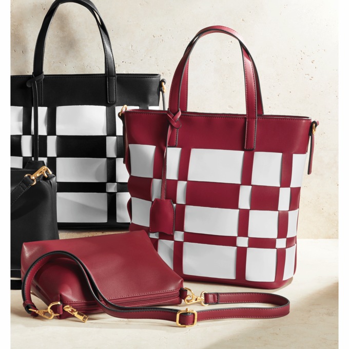 M.C. Handbags 2-Piece Woven Plaid Tote Set, Red/White, large