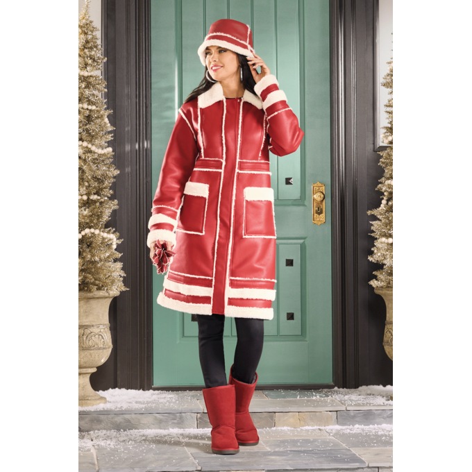 Faux Shearling Bucket Hat and Glove Set, Red, large