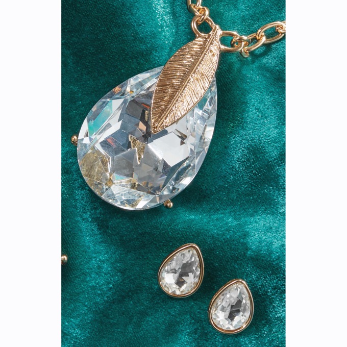 Goldtone Crystal Pear Long Necklace and Earring Set, , large