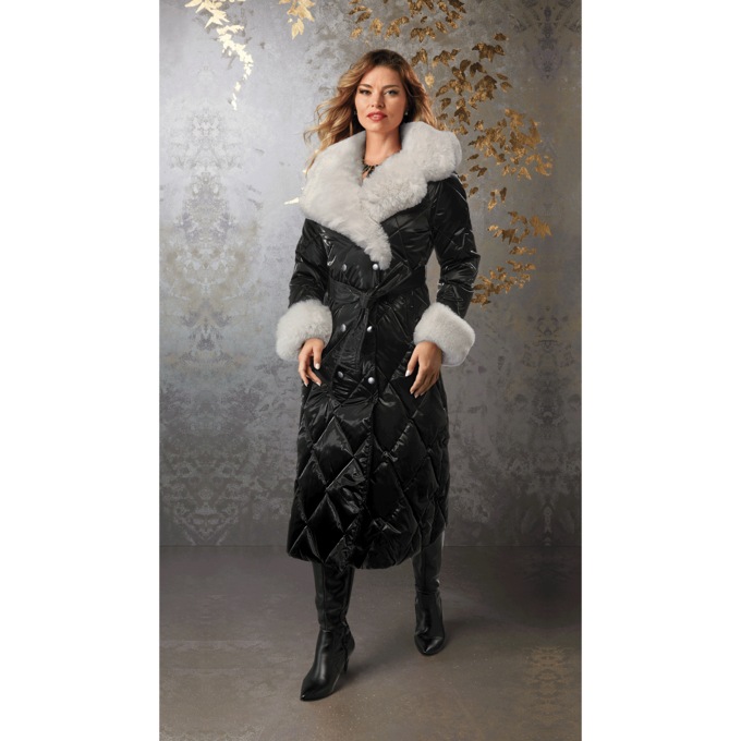 Pia Long Quilted Women's Puffer Coat with Faux-Fur Collar and Cuffs, Black, large