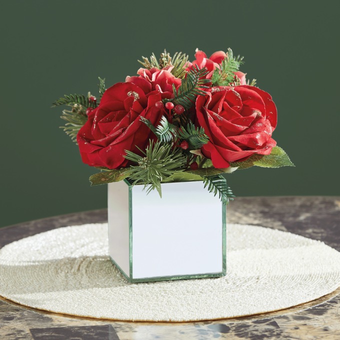 Glitter Rose and Pine Arrangement in Mirrored Pot, , large