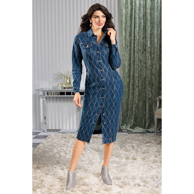 Diamond Pattern Denim Sheath Dress, Dark Denim Wash, large