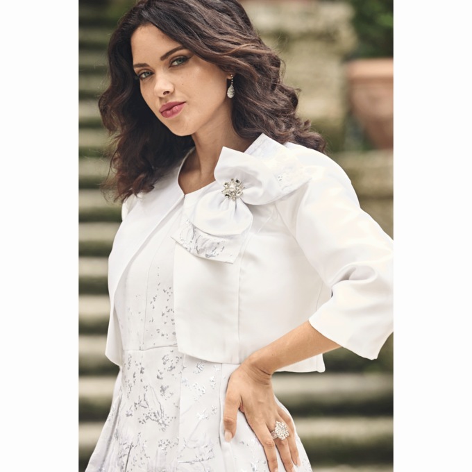 Minna Metallic Brocade Dress with Cropped Jacket and Removable Bow Detail, , large