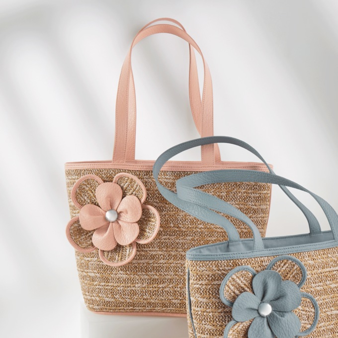 Synthetic Straw Tote with 3D Faux Leather Flower, Natural Peach, large