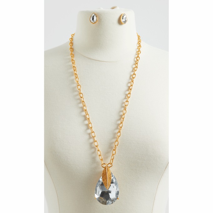 Goldtone Crystal Pear Long Necklace and Earring Set, , large