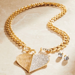 Textured Pav&eacute; Heart Necklace &amp; Earring Set, , large