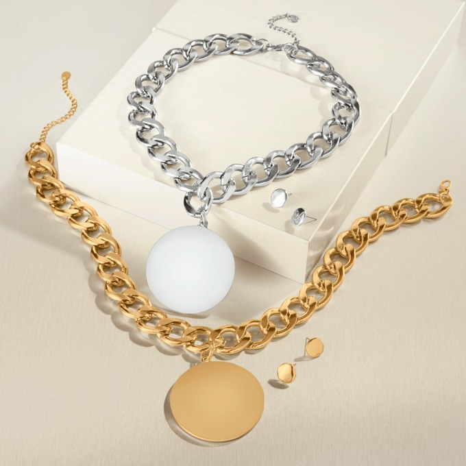 Chunky Chain Disc Necklace & Earring Set, , large