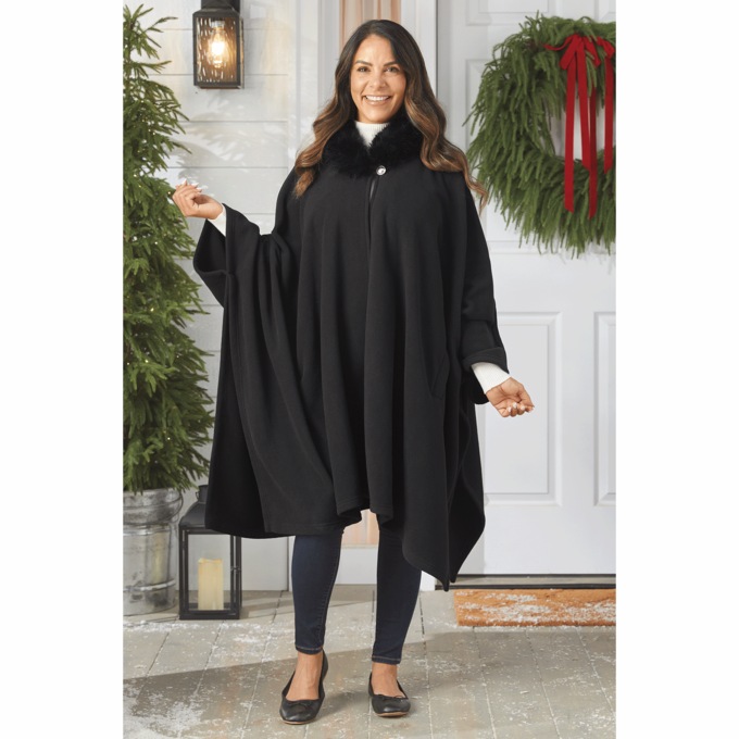 Warm Fleece Cape with Faux-Fur Collar and Pockets, , large