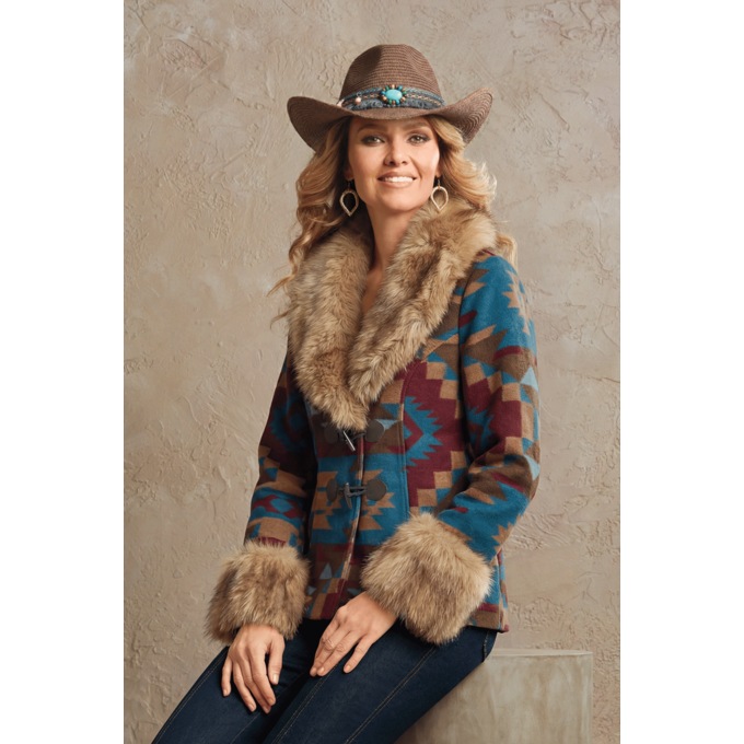 Phoenix Southwestern Jacket for Women with Faux-Fur Collar and Cuffs, , large